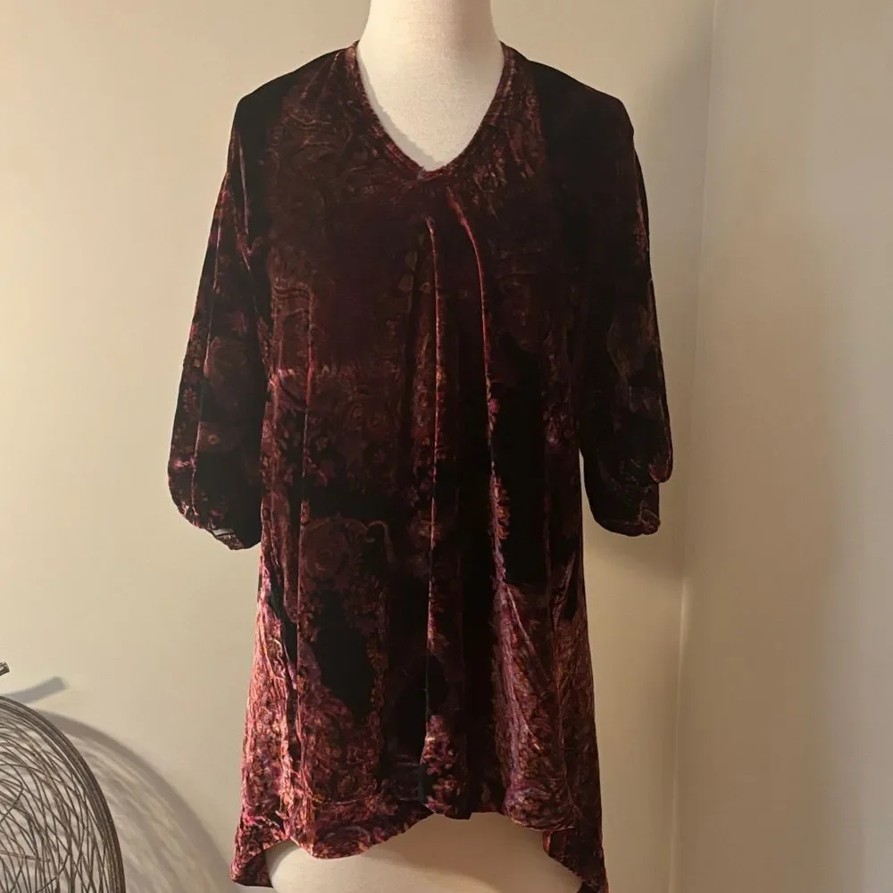 FREE PEOPLEVelvet V-Neck Puff Sleeve Tunic Top Burgundy S